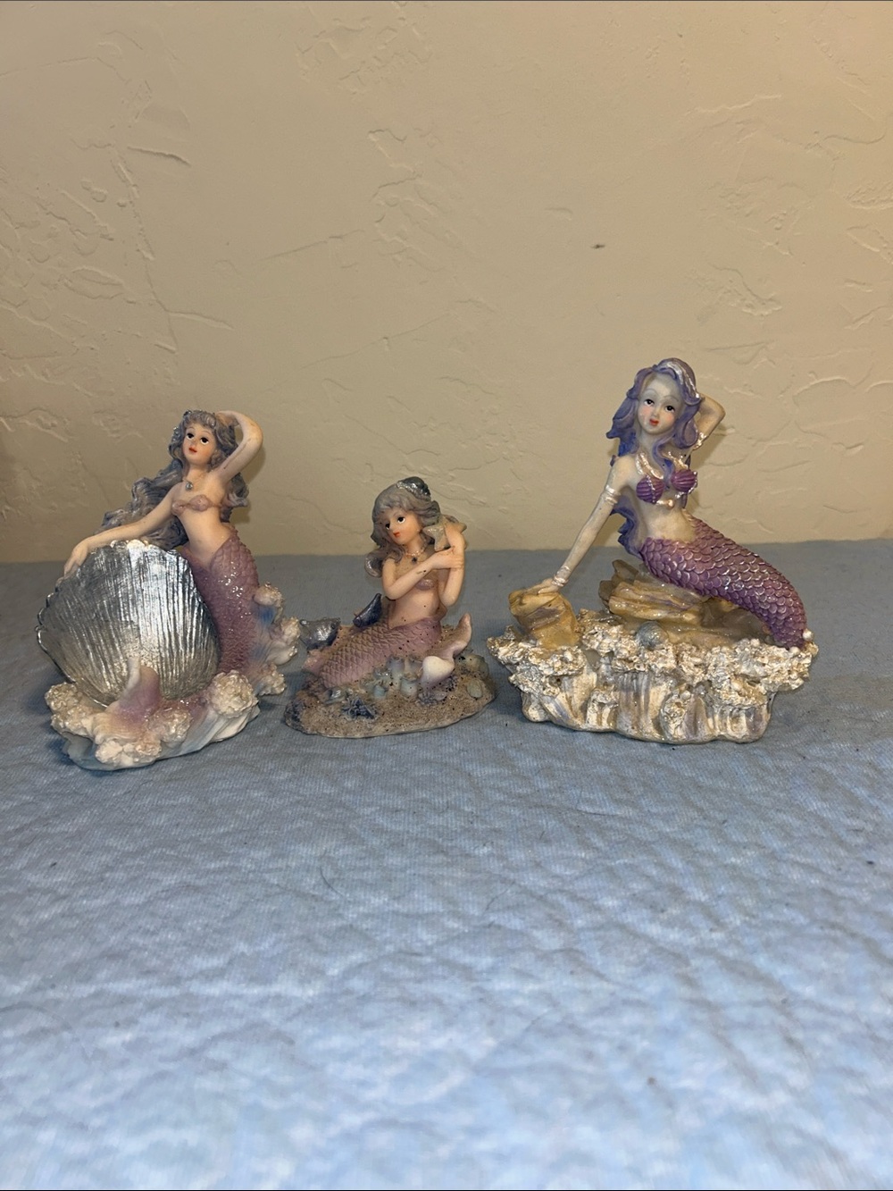 Lot of 3 fantasy-themed mermaid figurines sculpted from poured poly resin